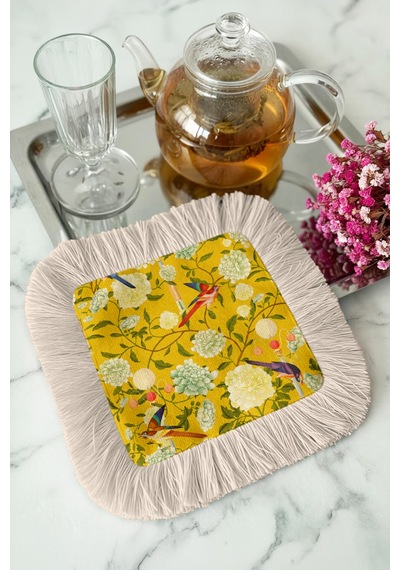 Çiçekli Kuşlu Saçaklı Sunum Peçetesi - Vintage Bahar Sarı Naturel Krem Bardak Altlığı Mendil Çok Renkli