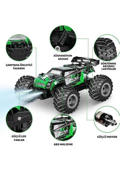 Uzaktan Kumandalı Full Fonksiyon Şarjlı Işıklı Drift Özelikli 4x2 15 Km Hız Of Road Araba 1:18 Şarjlı High Off Road Araba Erkek Hediye Kumandalı Araç Yeşil