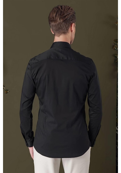 Efor Slim Fit Düğmeli Yaka Esnek Pamuk Klasik Siyah Gömlek Gk 708 Siyah