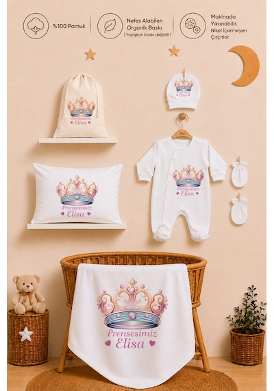 Pia Baby Kız Bebek %100 Pamuk İsme Özel Hastane Çıkışı Hediye Seti Yastık Tulum Battaniye Ve Kese 1050tybk3x Krem