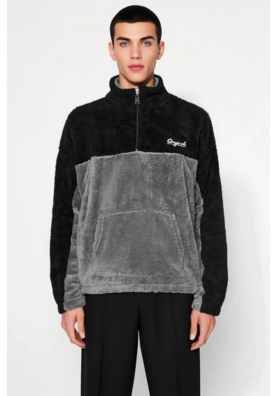 Benerly Erkek Dik Yaka Standart Kol Renk Bloklu Peluş Sweatshirt Fonksiyo siyah