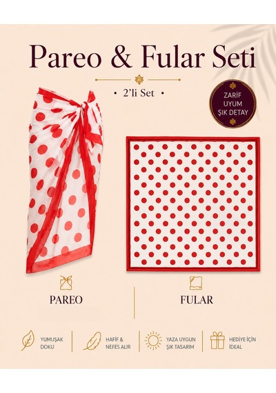 Tarzını Seç Premium Kırmızı Puantiyeli 2 Li Yırtmaçlı Bağlamalı Pareo Ve Bandana Seti 155x111 Cm / 70x70 Cm Kırmızı Puantiye