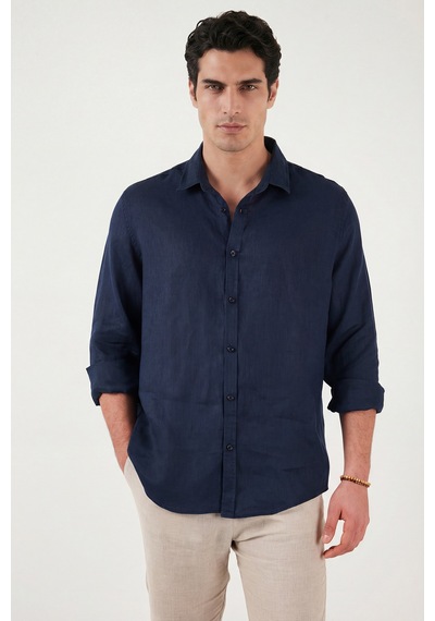 Buratti Pamuklu Regular Fit Klasik Yaka Uzun Kollu % 100 Keten Gömlek Erkek GÖMLEK CF26S1210000 Lacivert