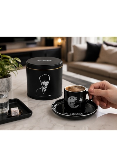Atatürk İmzalı 2 Li Türk Kahvesi Fincan Takımı Özel Kutulu Siyah Premium Kahve Seti Hediyelik