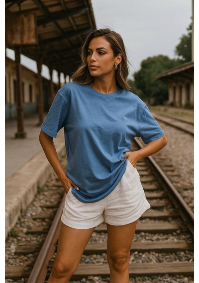 Kadın Mavi %100 Pamuk Oversize Basic Tişört Rahat Kalıp Relaxed Bisiklet Yaka T-shirt Çok Renkli