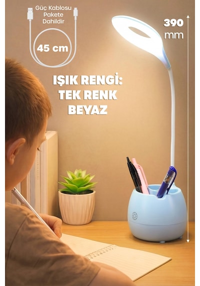 Şarjlı Masa Lambası Işık Ayarlanabilir Kalemlik Telefon Stand Ders Çalışma Okuma Işığı 0620 Turkuaz Turkuaz