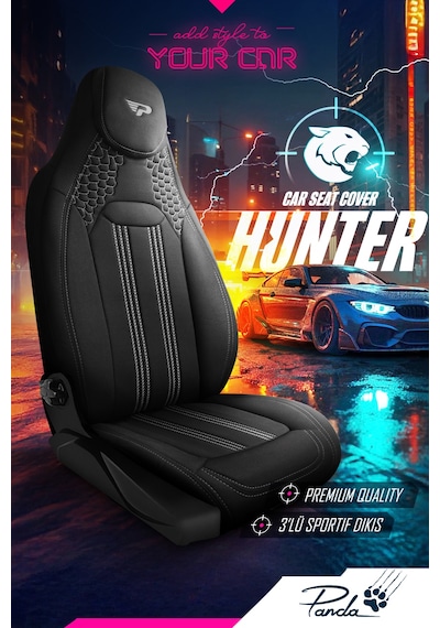 Siyah - Gri Panda Hunter Lacoste Kumaş Ortopedik Destekli Oto Koltuk Kılıfı-tam Set