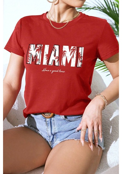 Unisex Miami Baskılı Oversize Tshirt Kırmızı