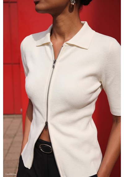 Sateen Kısa Kollu Fermuarlı Triko - Ekru-137856