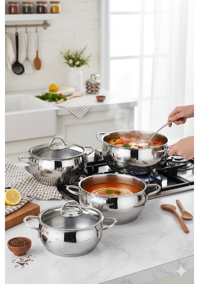 Polochef Pro Line 18/10 Paslanmaz Çelik Tencere Seti Kapaklı 6 Parça Silver 16-18-20 Cm Gümüş