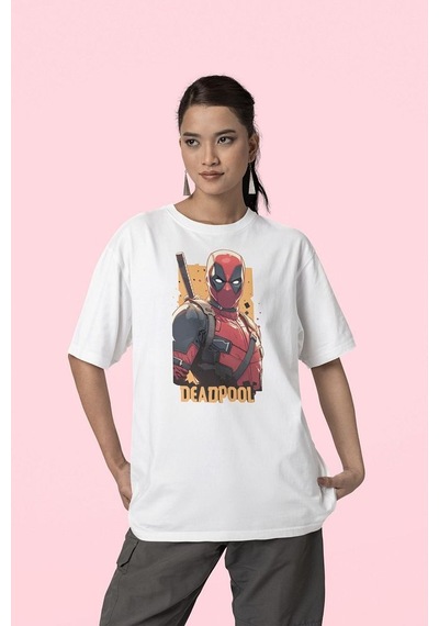 Film Kahramanı Deadpool Baskılı Unisex Oversize Marvel Tişört Beyaz