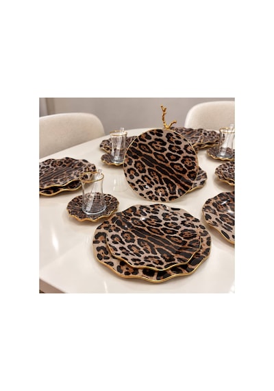 6 Kişilik 31 Parça Leopar Desenli Çeyizlik Kahvaltı Ve Servis Seti Gold Detaylı Kahverengi