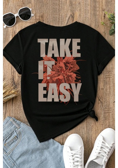 Spoyi Take It Easy Tasarımlı %100 Pamuk Yarım Oversize Siyah T-lhirt