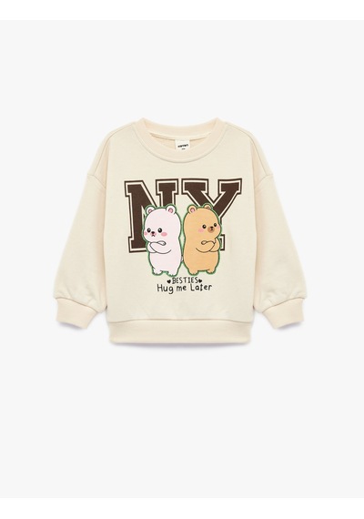 Koton Uzun Kollu Üç İplik Bisiklet Yaka Ayıcık Baskılı Sweatshirt Bej 7wmg10101ak Ekru