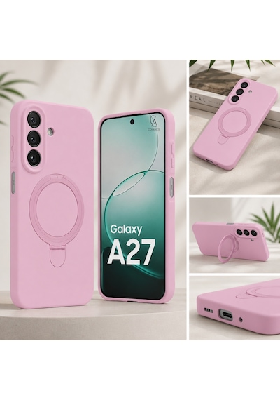 Samsung Galaxy A27 Uyumlu Kılıf M-safe Özellikli Yüzük Standlı Telefon Kılıfı Kapak Pembe