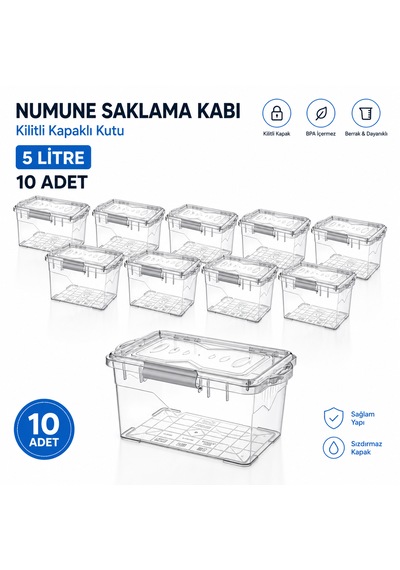 Numune Saklama Kabı 5 L - Kilit Kapaklı Kutu 10 Adet