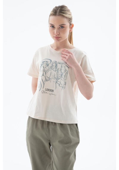 Fashion Friends Baskılı %100 Pamuklu Bluz Bej Bej
