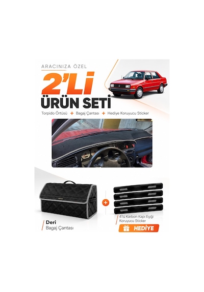 Volkswagen Jetta 1991-1997 Uyumlu Torpido Örtüsü + Deri Bagaj Çantası + Sticker Seti - Siyah Gri
