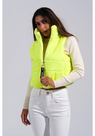 Keyifli Moda Kadın Neon Yeşil Sırtı Taş İşlemeli Dik Yaka Kısa Şişme Yelek-neon Yeşil Neon Yeşil