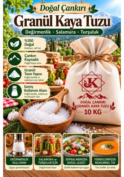 Doğal Çankırı Granül Kaya Tuzu 10 Kg İri Taneli Değirmenlik Salamura Turşuluk Çok Renkli