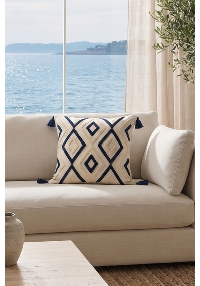 Bohem Etnik Geometrik Desenli Kabartmalı Punch Nakışlı Püsküllü Kırlent Kılıfı 42x42 Cm Mavi
