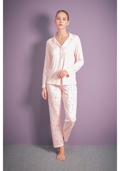 Fullamoda Kalp Desenli Gömlek Yaka 2 Li Pijama Takımı 24mıcg631216522-pudra Pudra