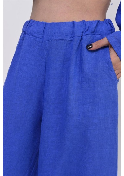 Bohem Stil İtalyan Fisto Detaylı Keten Pantolon-8748 Mavi