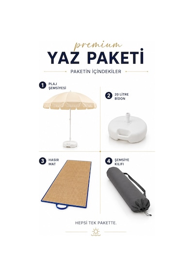 Plaj Yaz Paketi, Şemsiye+hasır Mat+bidon+kılıf Bej