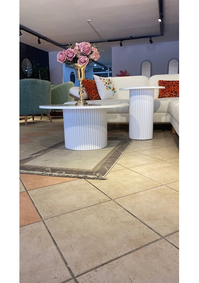 Most Bohem Orta Sehpa 2'li Set %100 Ahşap 85 Cm. Çap Beyaz