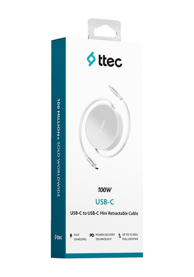 Ttec USB-C - USB-C Mini Makaralı 100W PD/QC 120 CM Hızlı Şarj Kablosu Beyaz