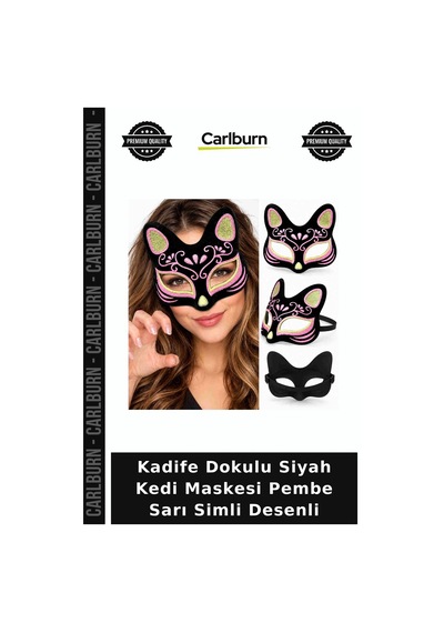 Kadife Dokulu Siyah Kedi Maskesi Pembe Sarı Simli Desenli Balo Aksesuarı Kulaklı Maske Hatıra Eşyası "