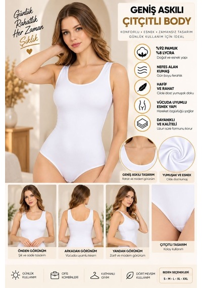 Kadın Geniş Askılı Çıtçıtlı Body Beyaz, Esnek Kumaş, Vücuda Oturan Basic Kadın Body - Ryl - 2700 M