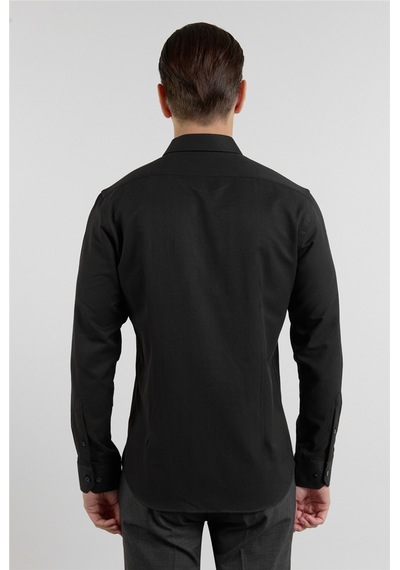 İmza Siyah Sert Yaka Uzun Kol Cepsiz Slim Fit Pamuklu Gömlek 1004255284