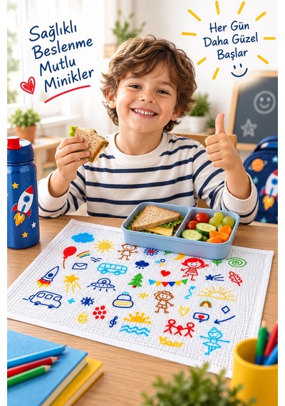 6'lı Okul Beslenme Örtüsü 35x50 Cm Pamuklu Yıkanabilir Happykids Beyaz