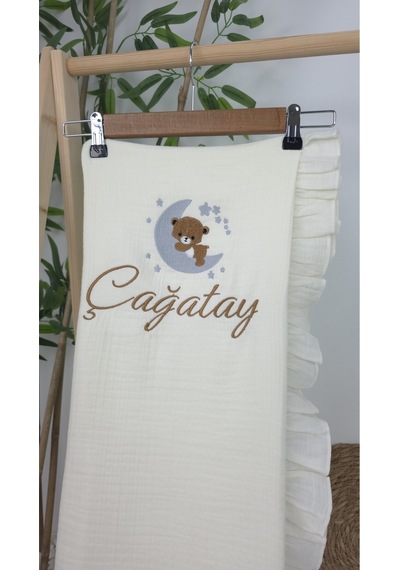 Gros Shop Müslin Yeni Doğan 4katlı Organik %100pamuk Kişiye Özgü Nakışlı Hastane Çıkış Seti Ayıcık Model 4 Ekru-1