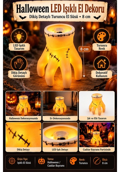 Halloween Cadılar Bayramı Işıklı El Dekoru Dikiş Detaylı Turuncu Led El Süsü 8 Cm Masa Oda Süsü Renkli