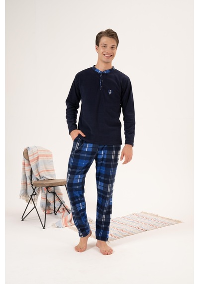 Estiva Erkek Kışlık Düğmeli Yaka Kareli Alt Polar Pijama Takımı 001