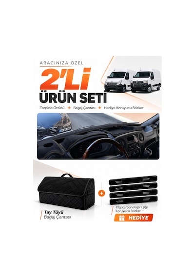 E-biz Renault Master 2011-2021 Uyumlu Torpido Örtüsü + Tay Tüyü Bagaj Çantası Seti - Siyah - Re037