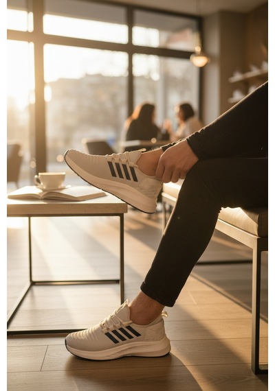 Enoch Ortopedik Ultra Hafif Şeritli Fileli Çoraplı Sneaker Spor Ayakkabı Bej