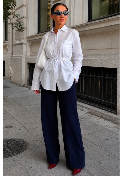 Madmext Beyaz Belden Bağlamalı Oversize Cepli Gömlek Mg2798