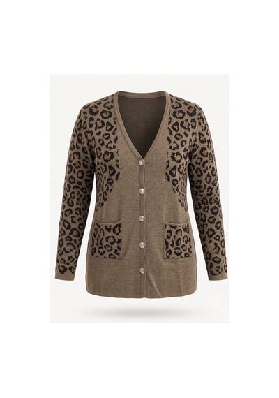 Onno Style Women Simli Leopar Desen Klasik Düğmeli Ceket Vizon