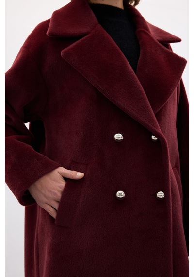 Sateen Uzun Düğme Detaylı Kaban - Bordo-138137