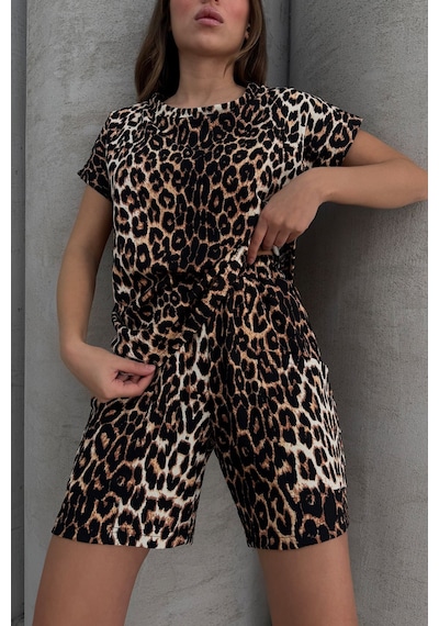 Lesa Wear Yüksel Bel Bol Kesim Keten Görünümlü Çift Cepli Şort Leopar