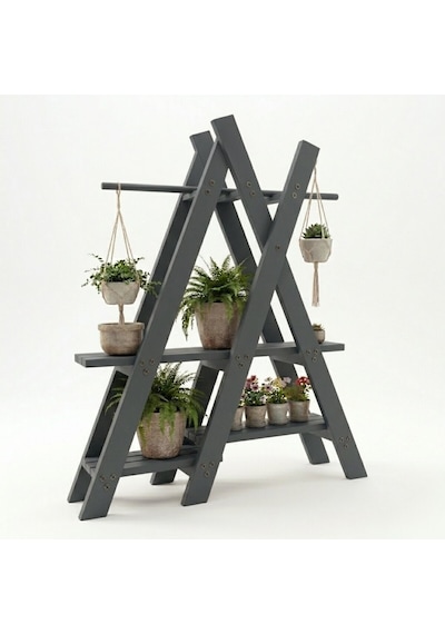 Dekoratif Ahşap Piramit Çiçeklik - 3 Katlı Bahçe Ve Balkon Saksı Standı - 120x120 Cm Gri