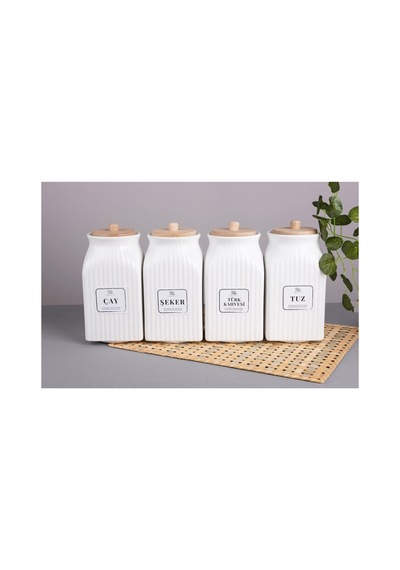 4 Lü Bambu Kapaklı Porselen 1000 Ml Çay Şeker Türk Kahve Tuz Saklama Kavanoz Seti Bakliyat Kavanoz Beyaz Beyaz
