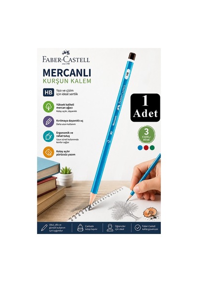 Siyah Kurşun Kalem Mercanlı 1 Adet Faber Castell Mercanlı Kurşun Tahta Kalem Hb Orta Dereceli Öğrenci Kalemi Okul Mavi