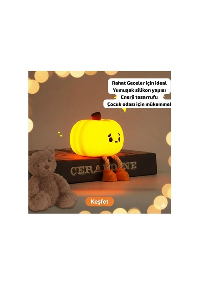 Balkabağı Tasarımlı Led Gece Lambası Şarjlı, Dokunmatik, Sevimli Ve Dekoratif Turuncu