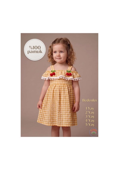 Ketbaby Kirazlı Pötikareli Kız Çocuk Elbise 1-5 Yaş Yazlık Konfor Serisi Sarı Sarı
