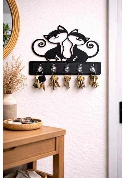 Kedi Figürlü Dekoratif Duvar Askılığı 6 Kancalı Mdf Anahtarlık Ve Askı 39 X 29 Cm Siyah Siyah
