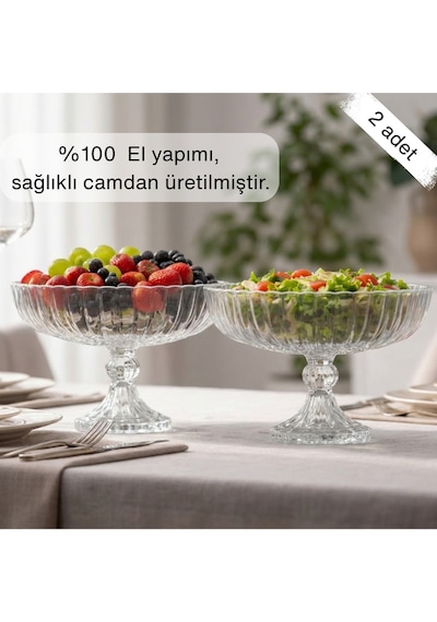Selen Concept Linea Damla Model Ayaklı El Yapımı Cam Salata Ve Meyve Kasesi 2'li Set Şeffaf